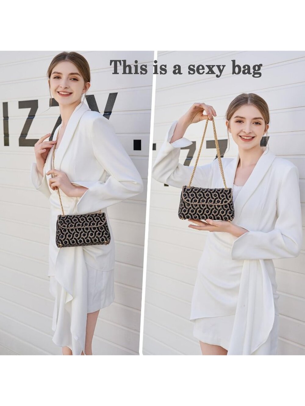 〽️Women's Black Crystals Rhinestone Chain Strap Square Flower Evening Handbags - Picture 2 of 6